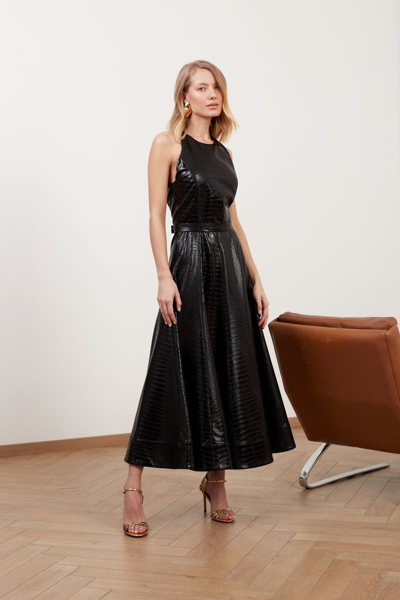 AVALON black textured vegan leather cocktail dress
