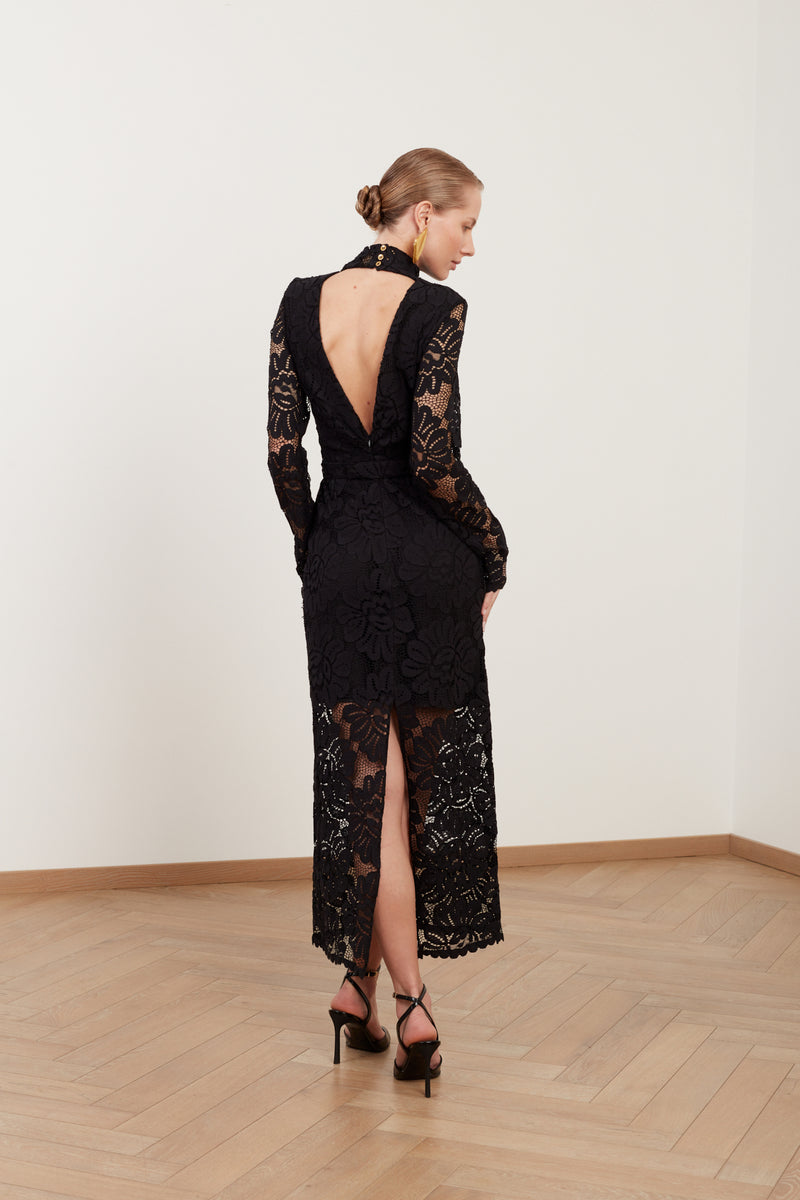 ELENA black floral lace midi dress with open back