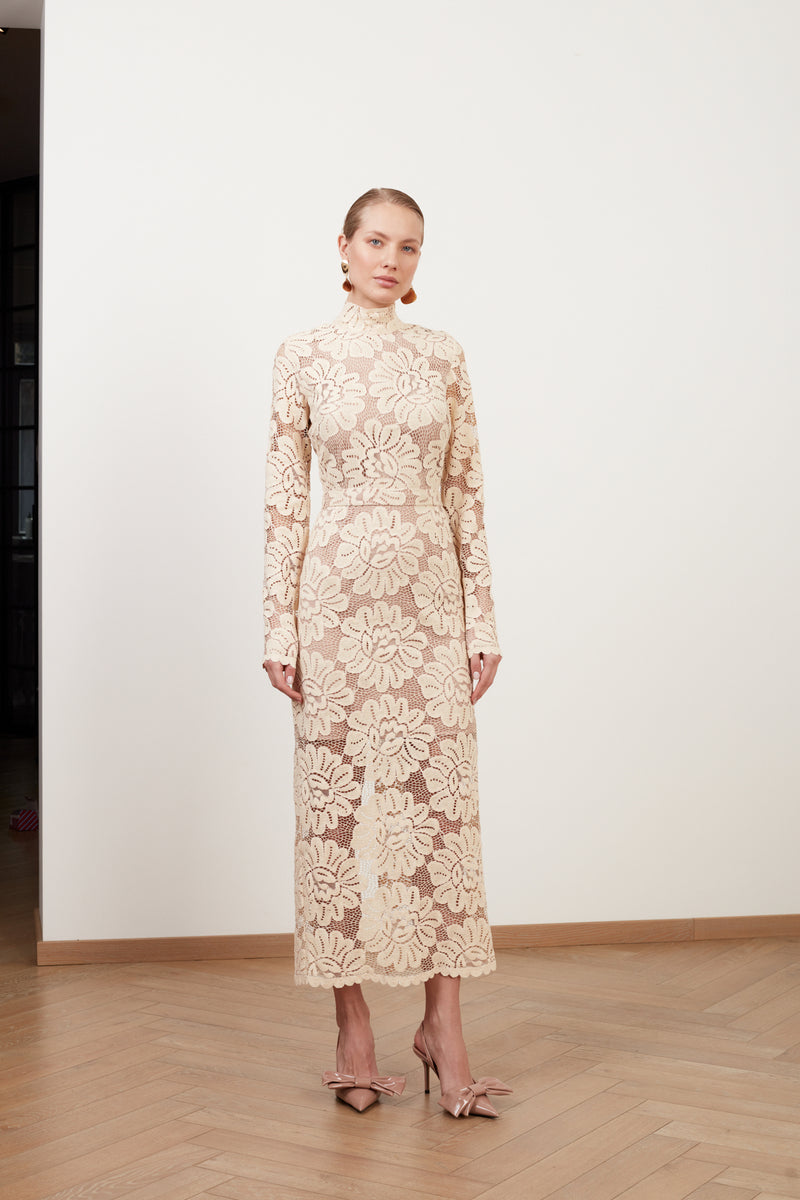 ELENA cream floral lace midi dress with turtleneck