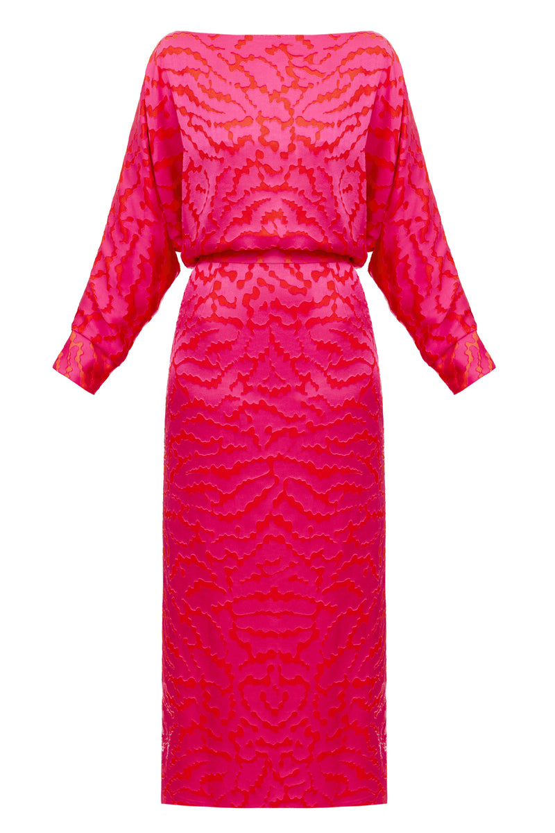 LIBRA red fuchsia print off-the-shoulder midi dress