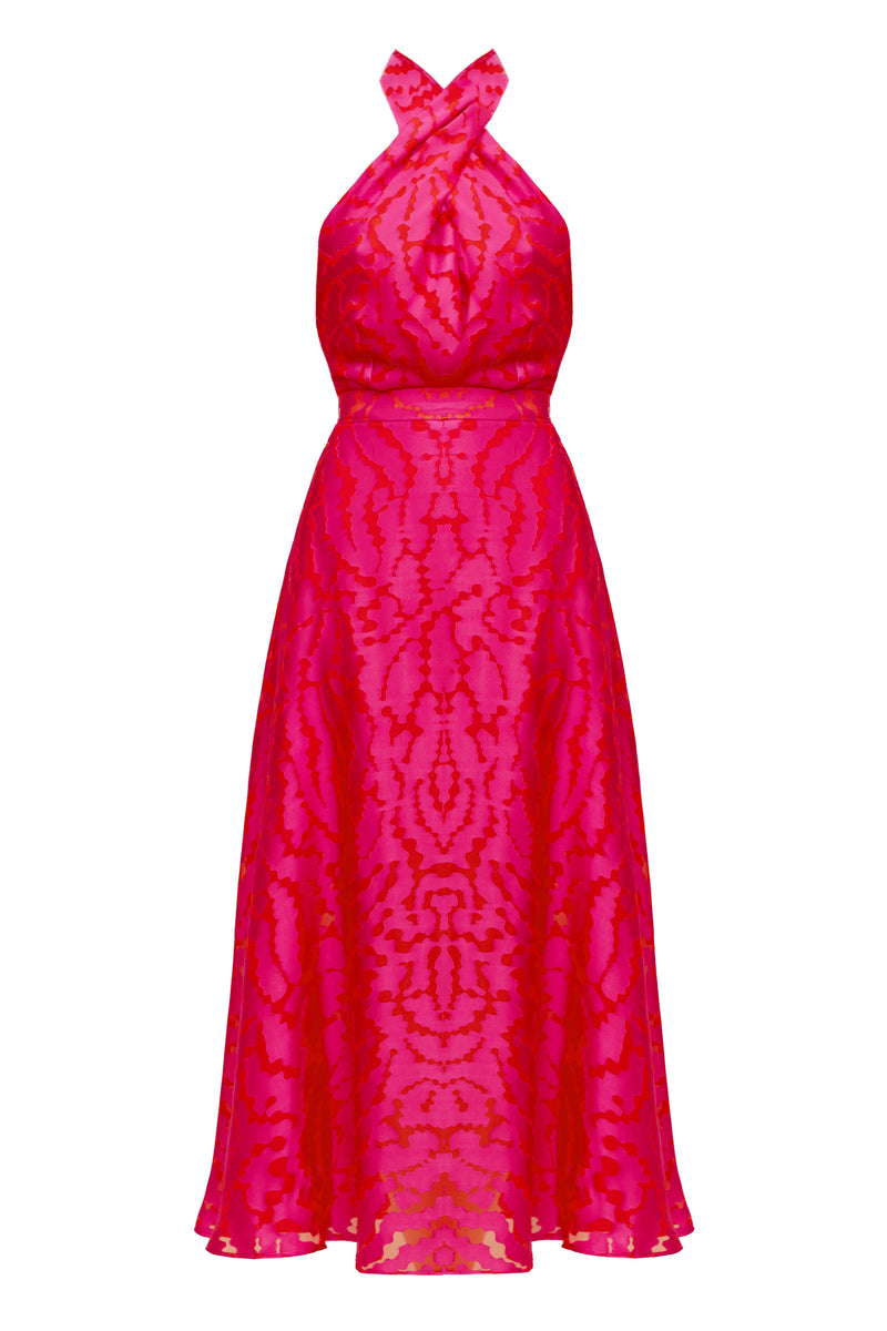 HEIDI red fuchsia print halter neck midi dress