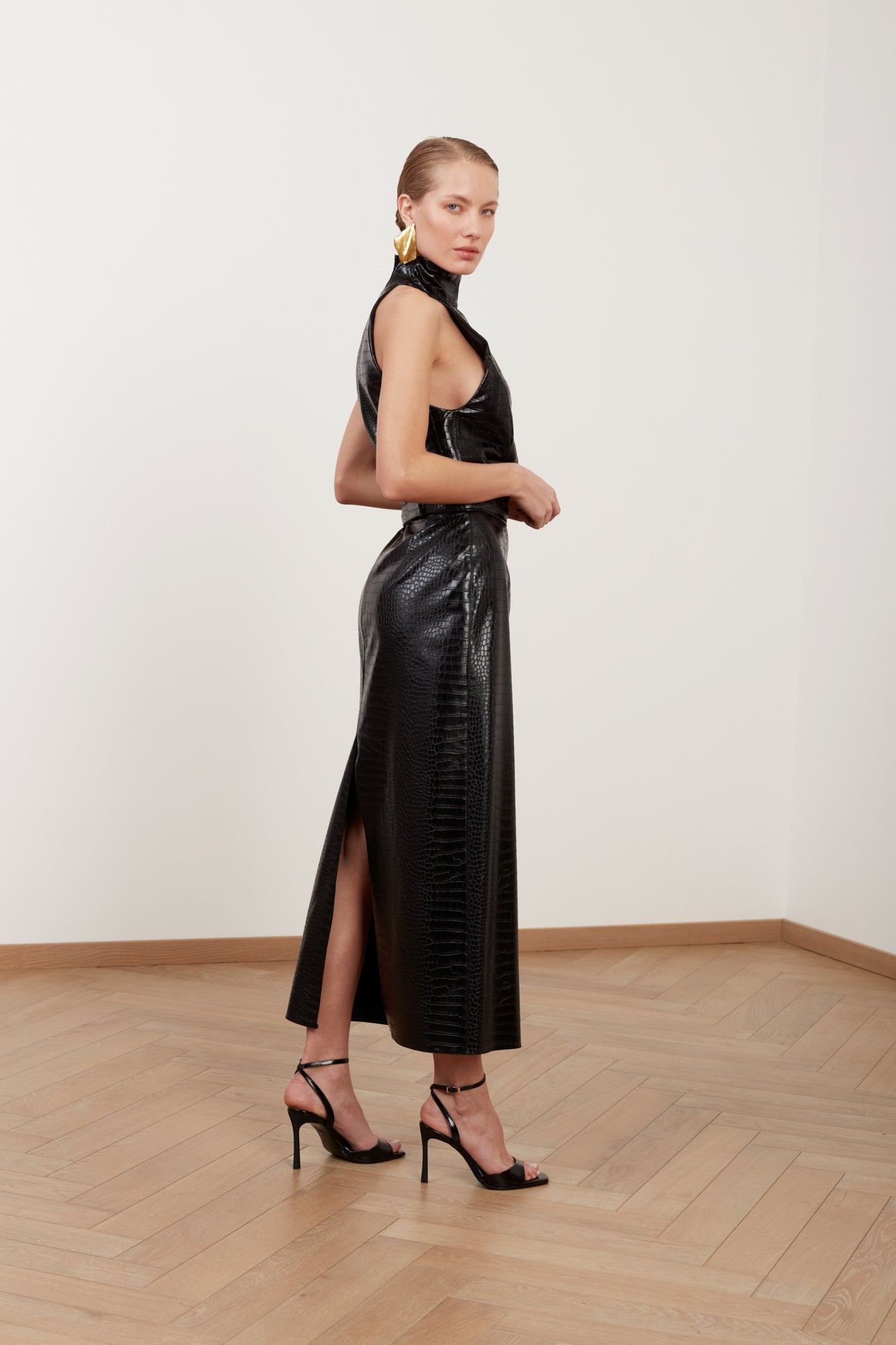 SENSA black textured vegan leather midi dress with turtleneck