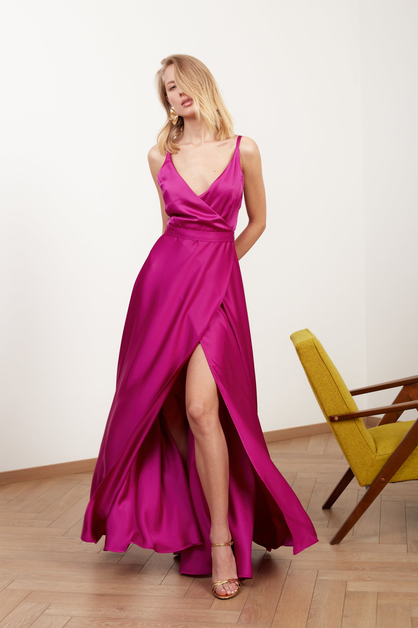 FREYA fuchsia pink satin long evening dress