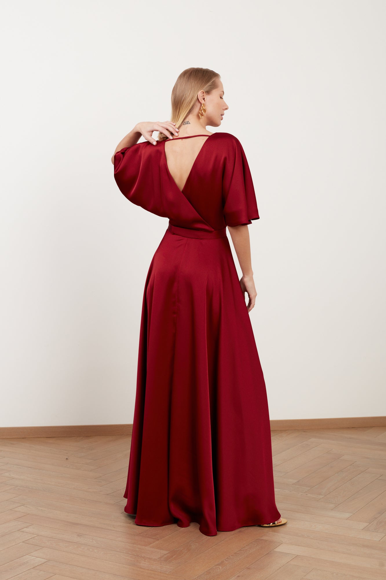 SOLENE burgundy red satin maxi evening dress