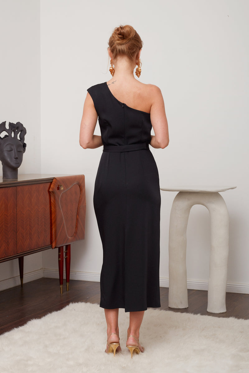 AISHA Black One-Shoulder Midi Cocktail Dress - Modern and Trendy