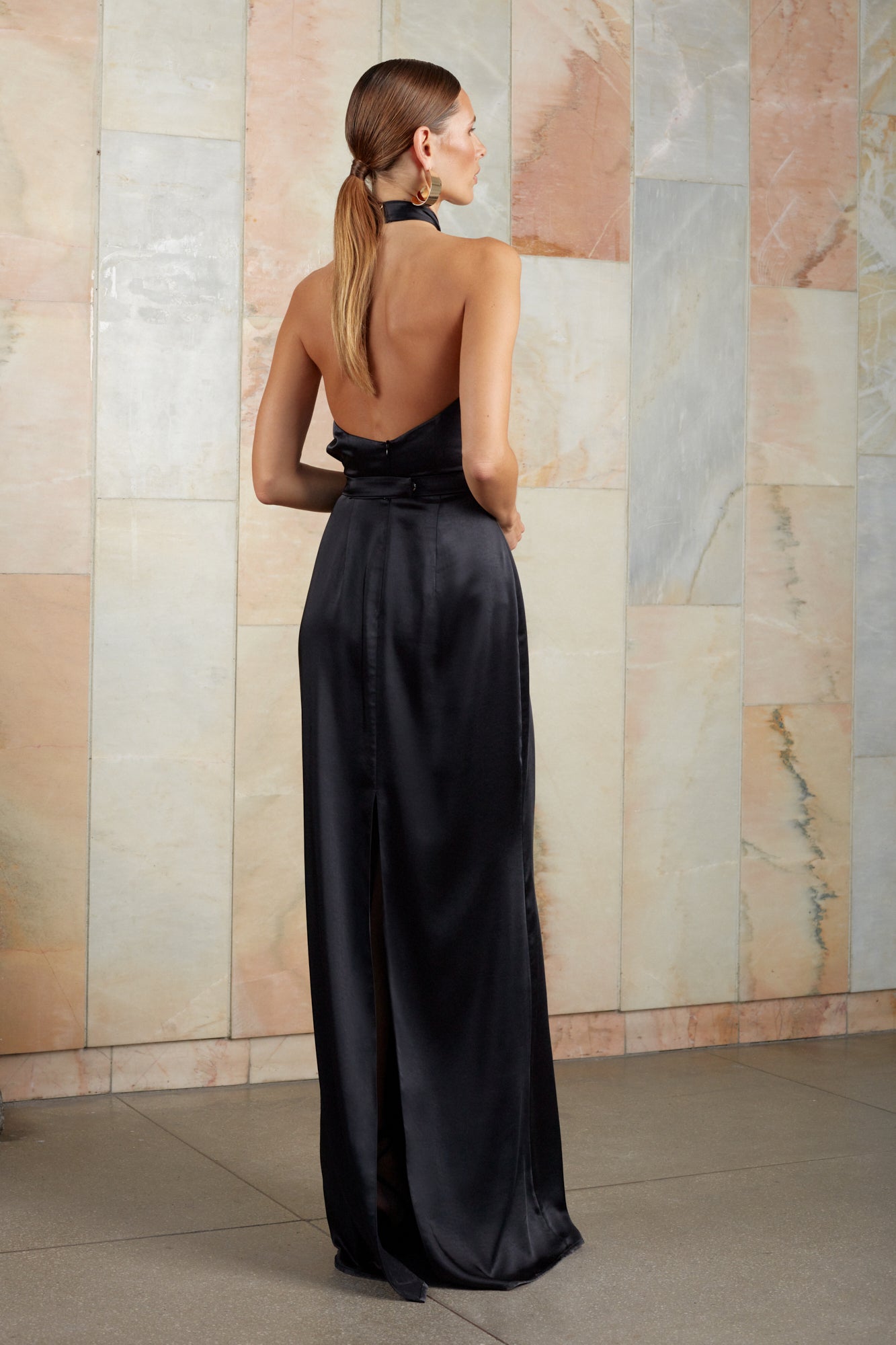 Black formal maxi dress with open back