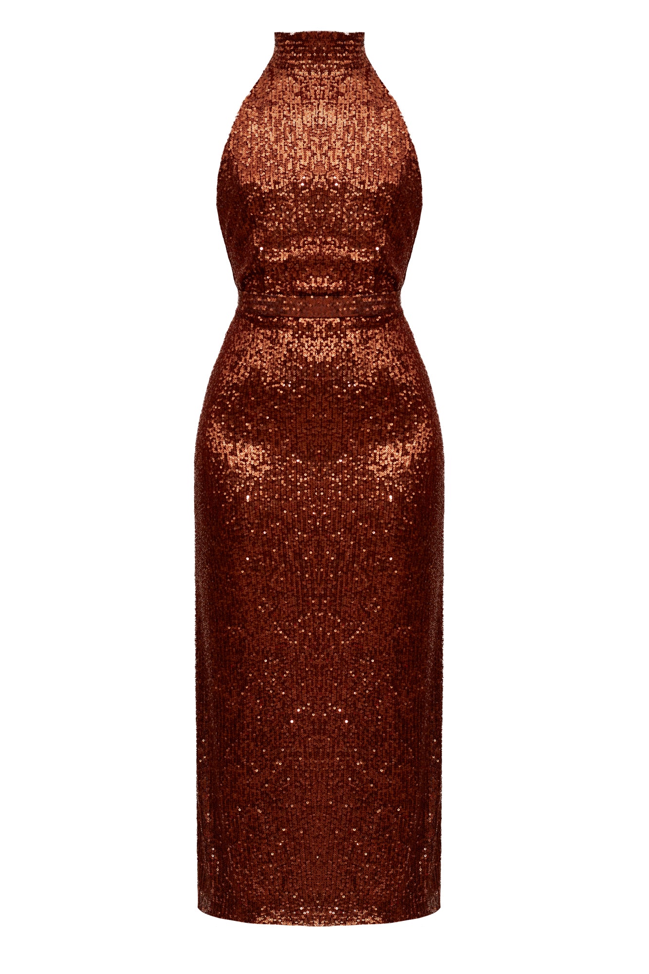 BRIANNA brown sequin bodycon midi dress with turtleneck