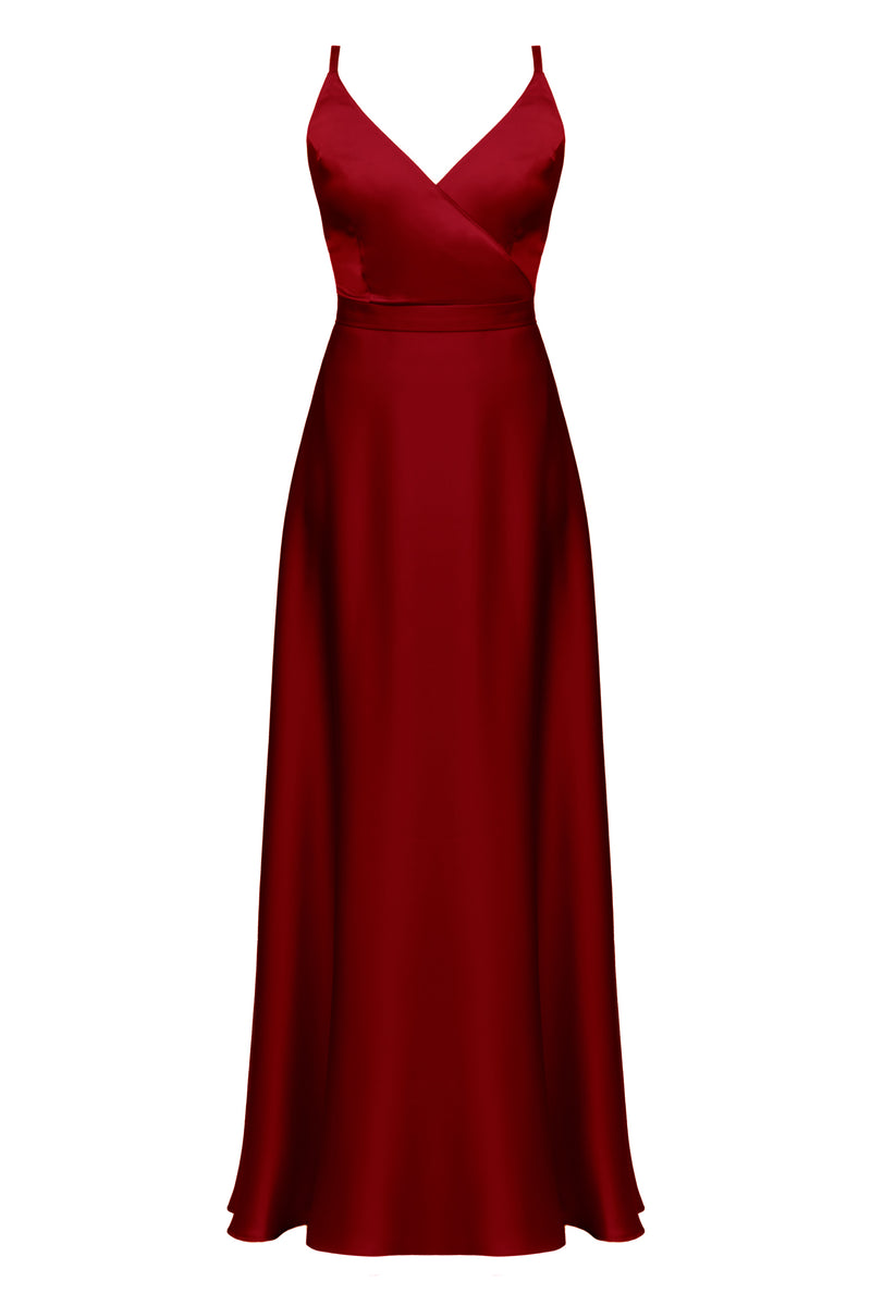 FREYA burgundy red satin maxi wedding guest dress