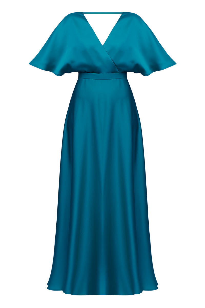 SOLENE dark turquoise satin maxi dress