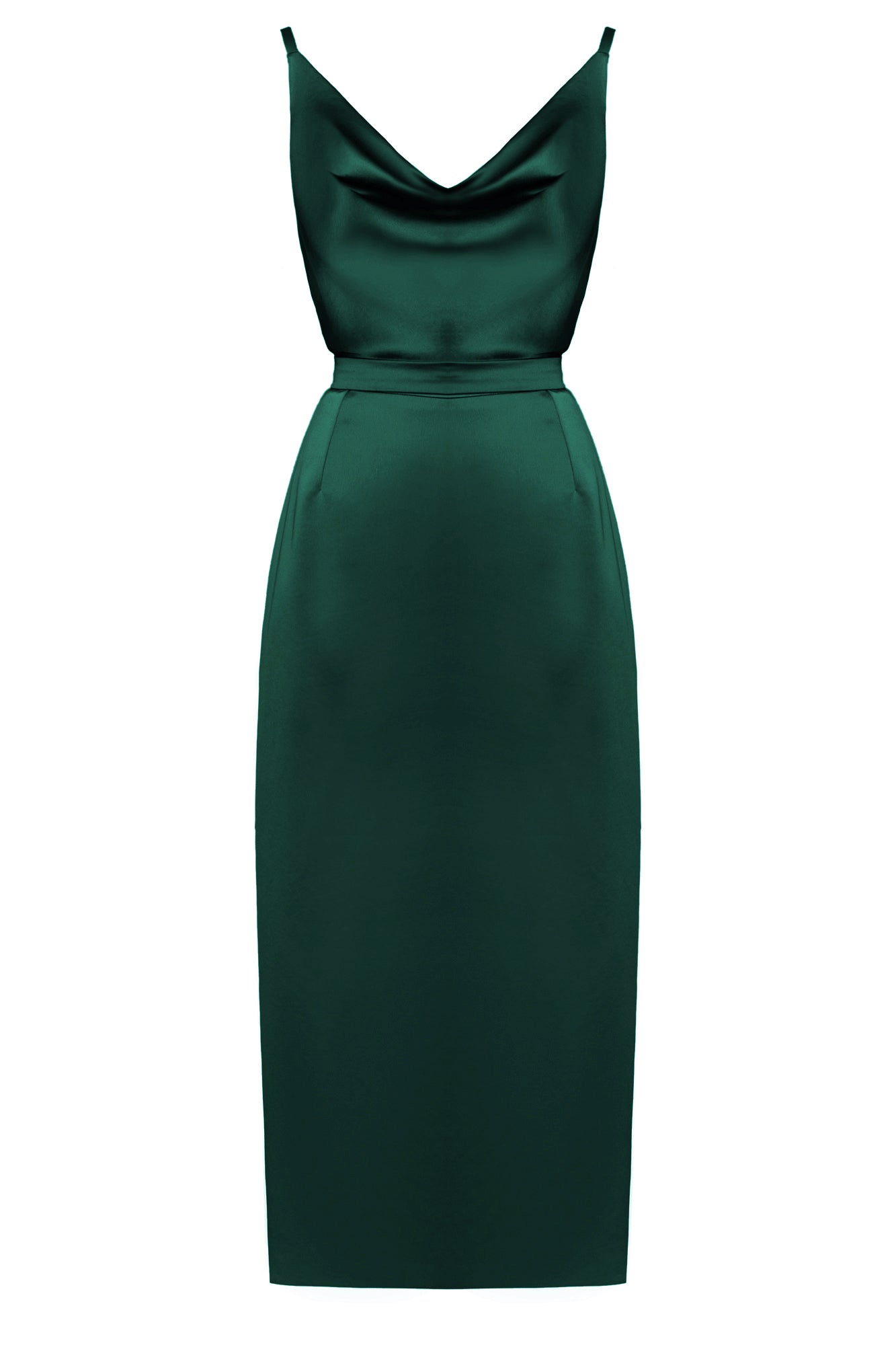 KAMEA Deep Green Satin Cowl Neck Cocktail Midi Dress