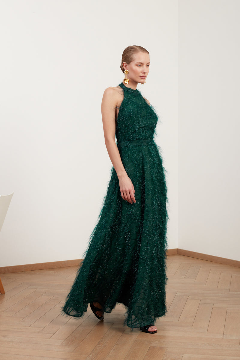 MAISSA green feather long evening gown with open back