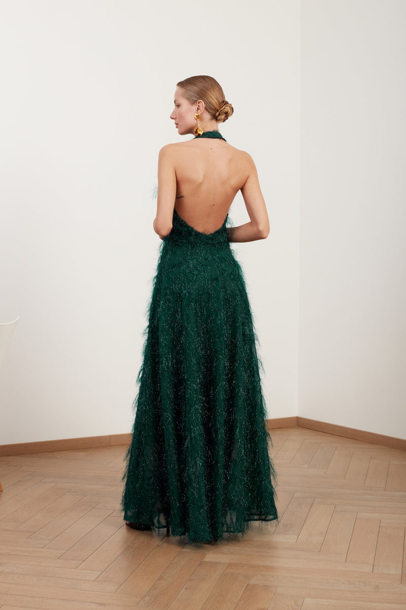 MAISSA green feather long evening gown with open back