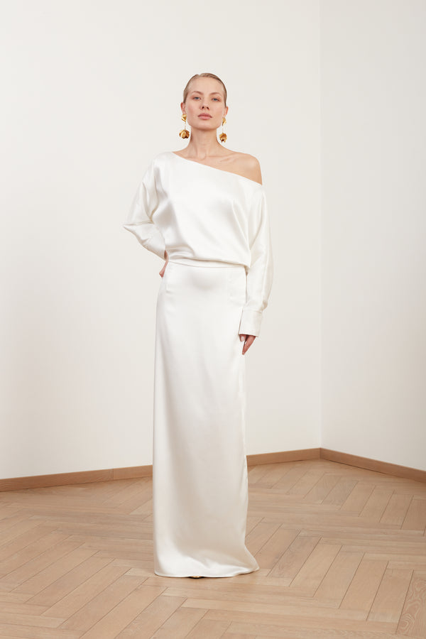 AGALIA soft satin off-the-shoulder maxi wedding dress with open