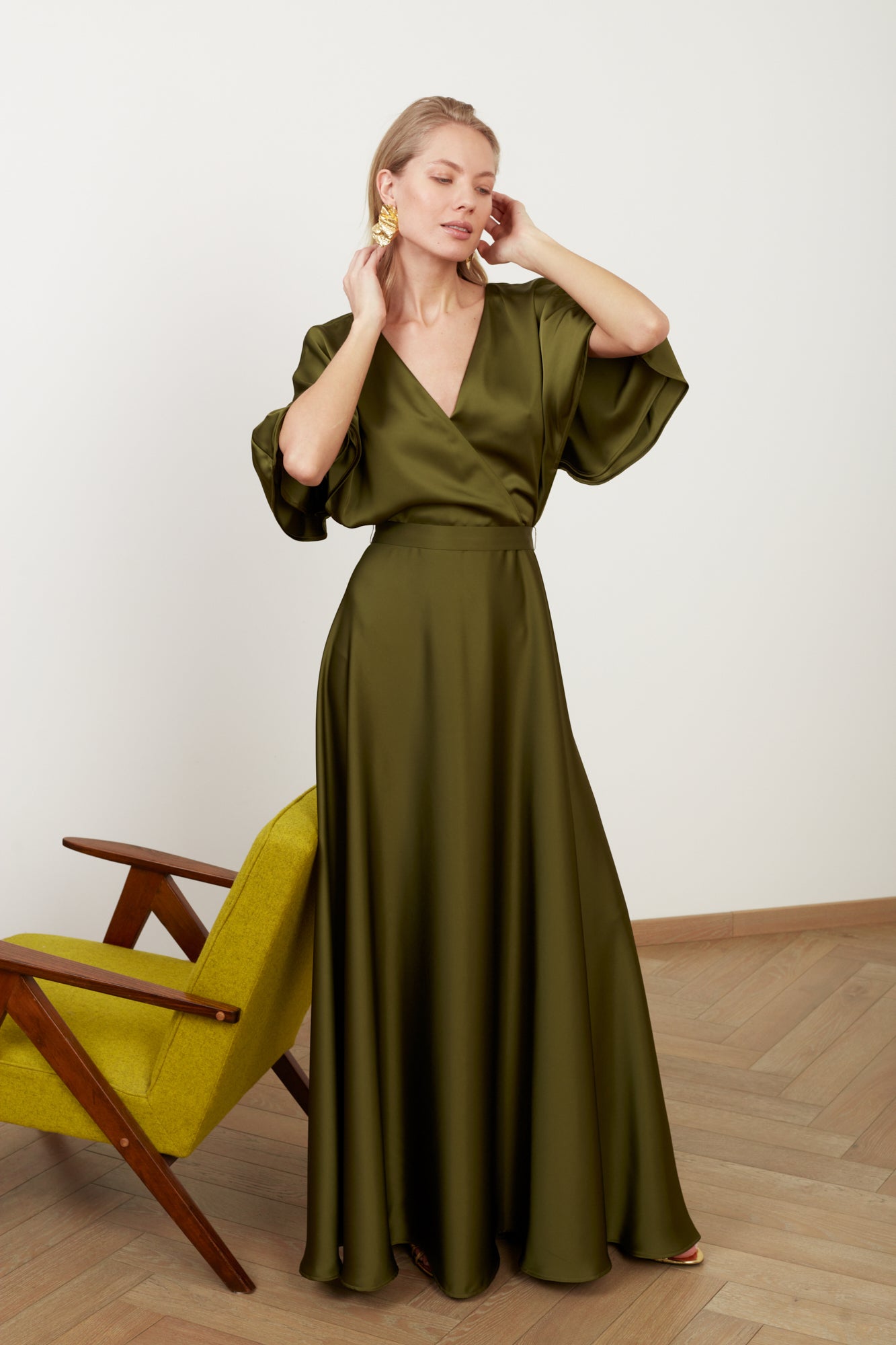 SOLENE olive green satin long dress for wedding guest