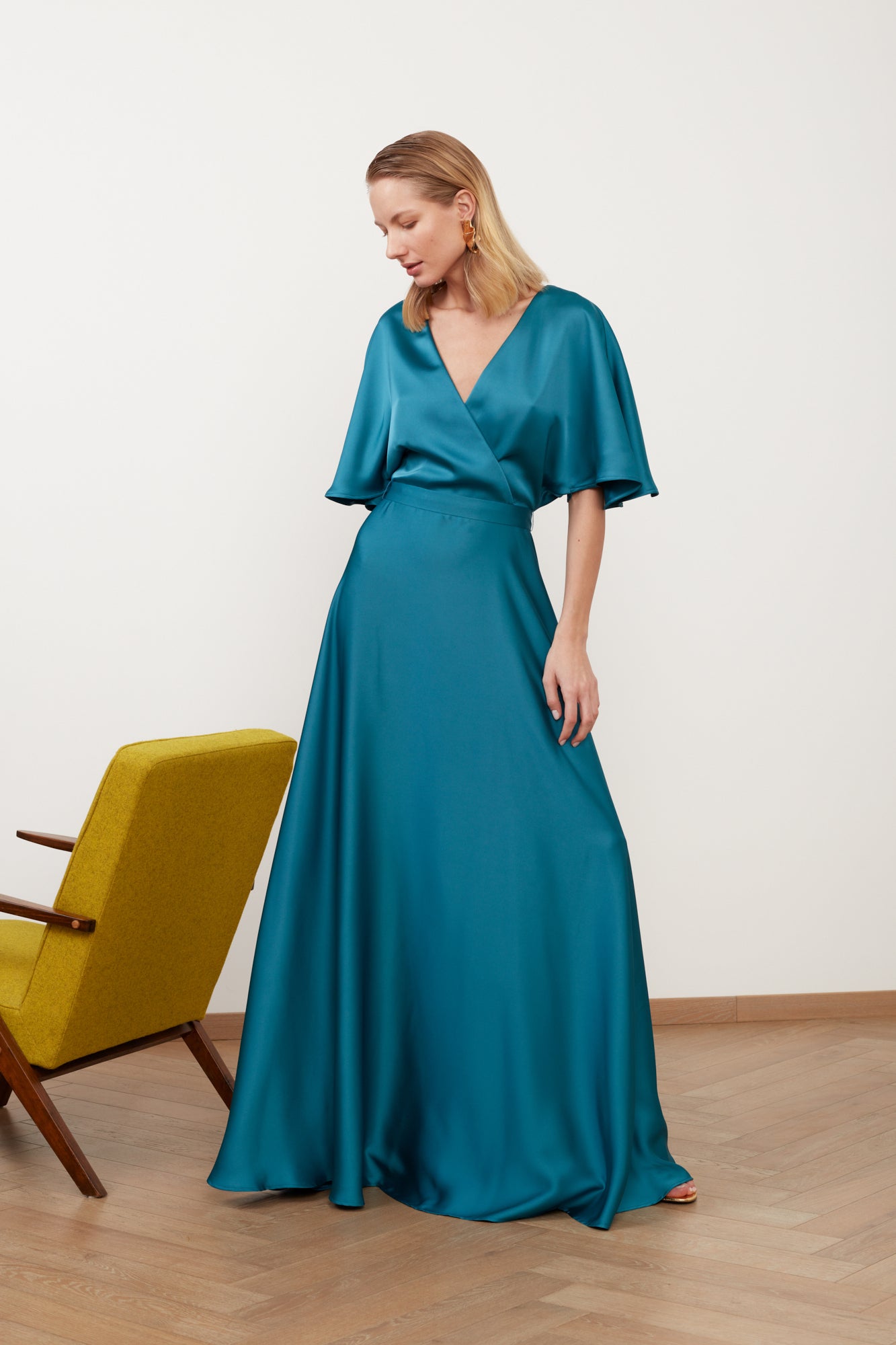 SOLENE dark turquoise satin maxi dress