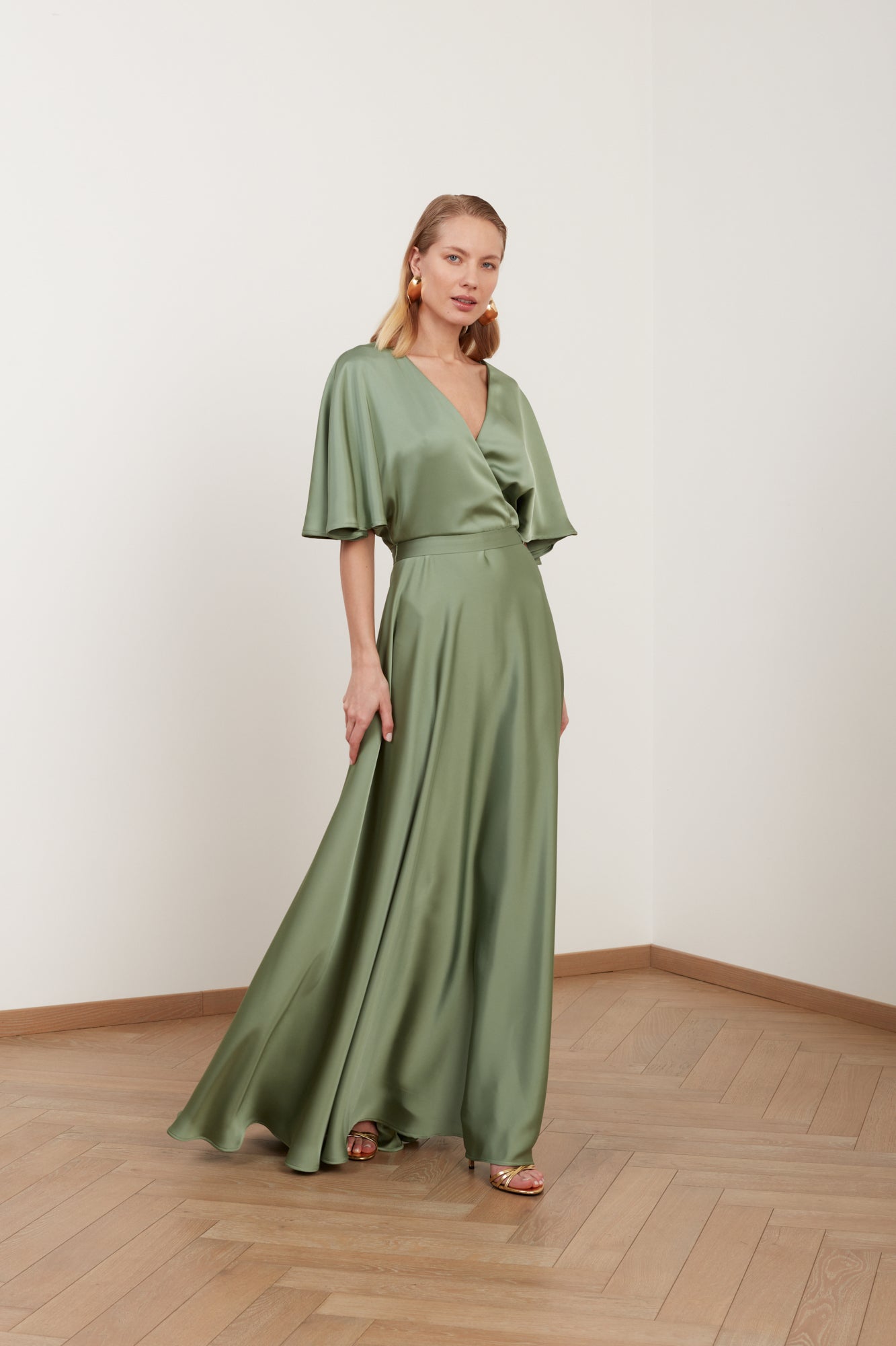 SOLENE sage green satin long wedding guest dress