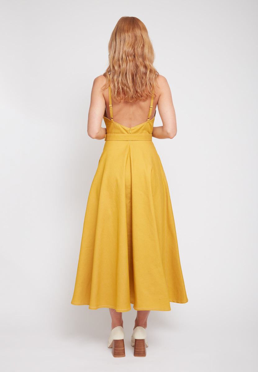 MATISSA Yellow Denim Circle Skirt Dress - Back View