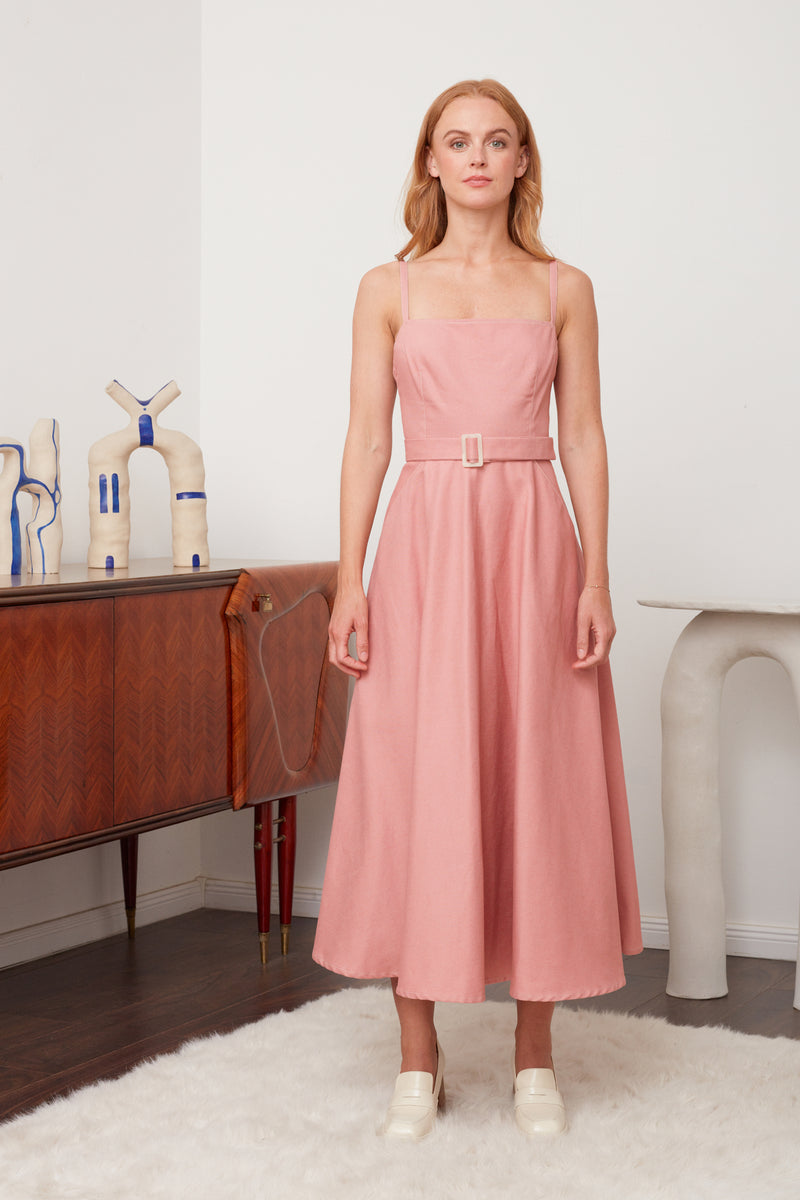 MATISSA Pastel Pink Denim Midi Dress - Sophisticated Midi Length