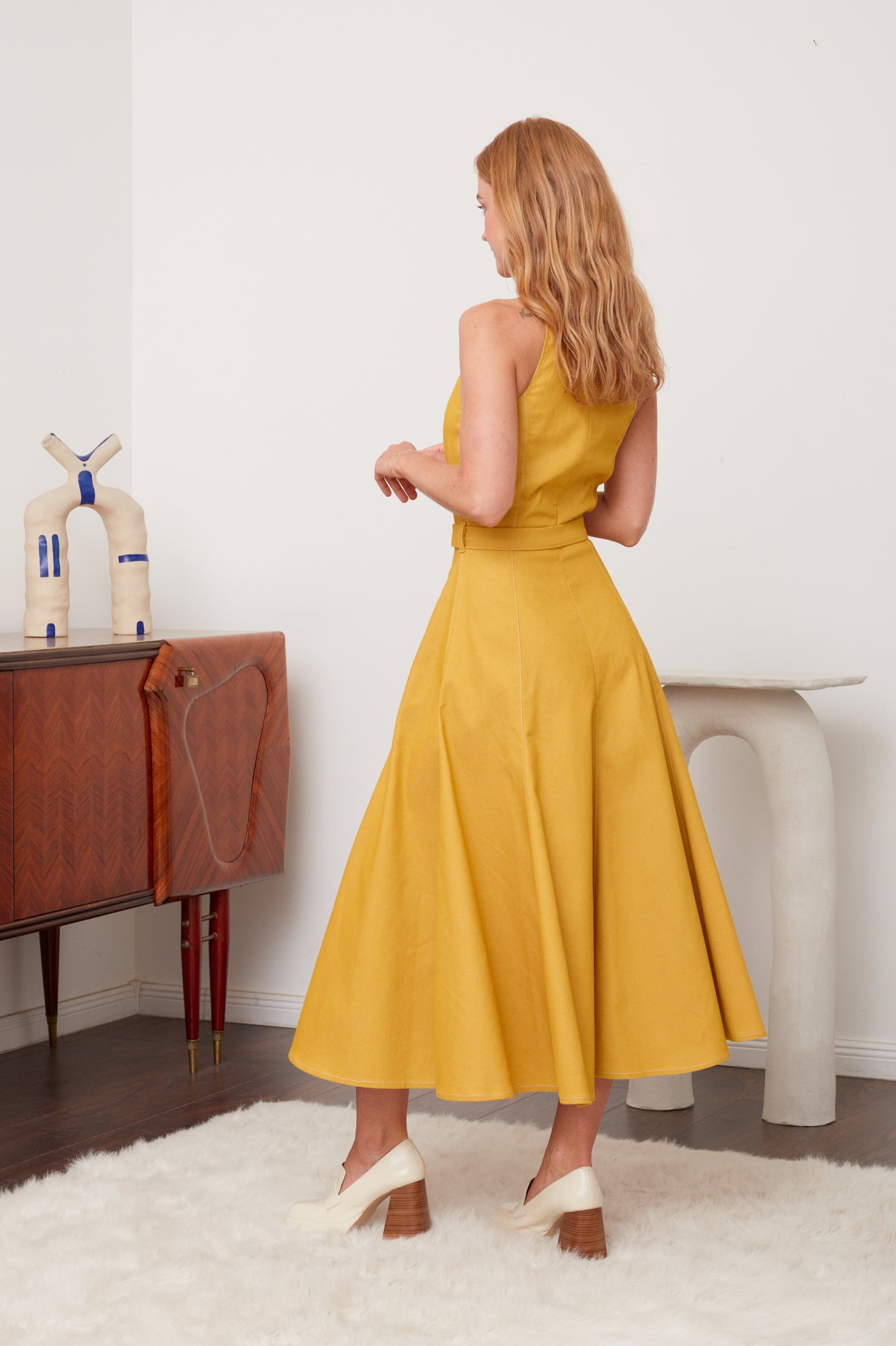 ODE Yellow Denim Godet Midi Dress - Trendy Midi Length