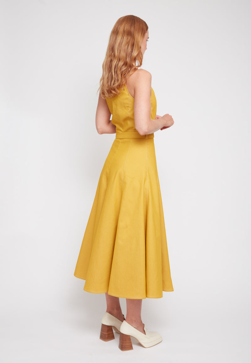 ODE Yellow Denim Godet Midi Dress - Back View