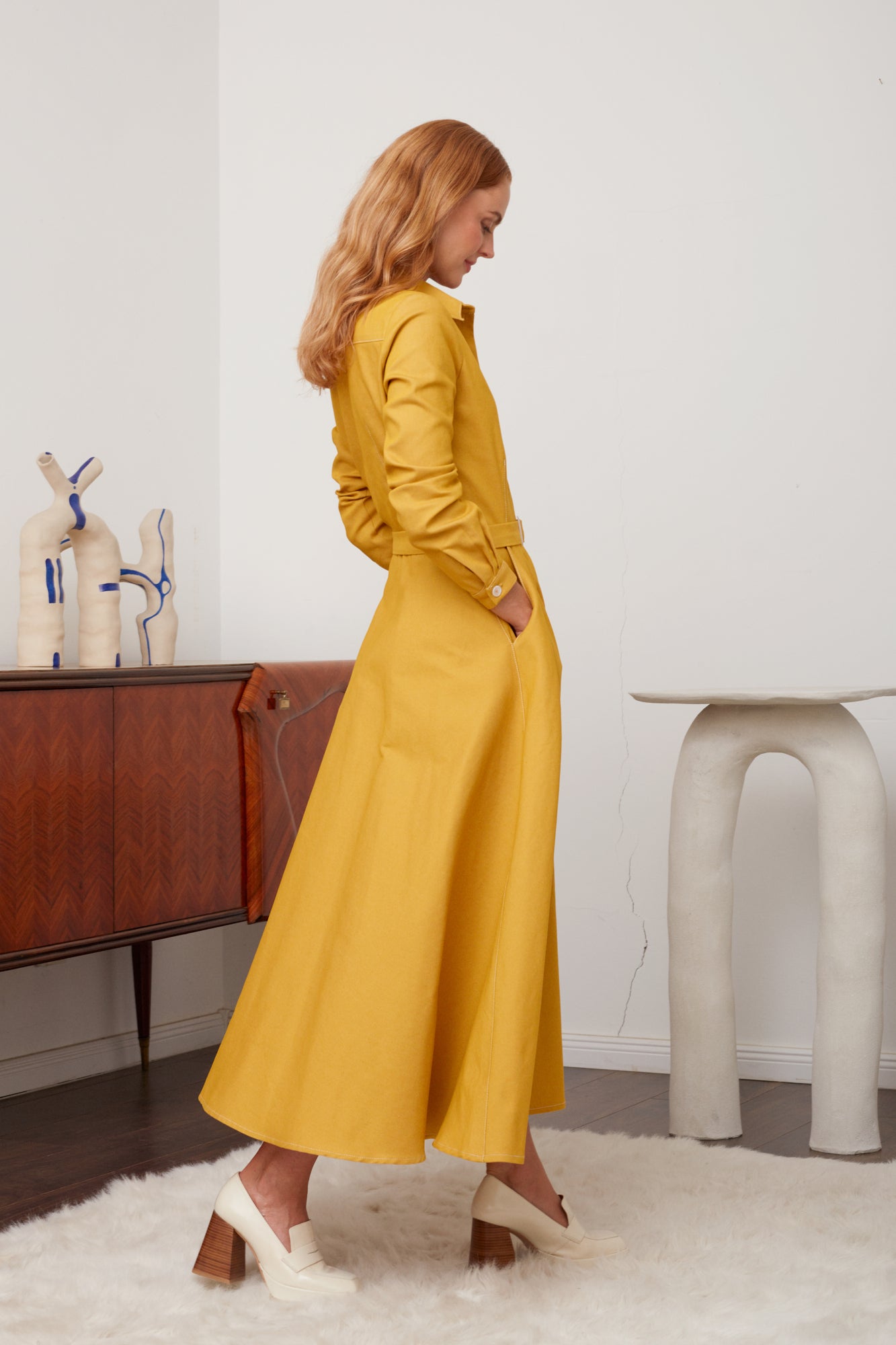 ESTI Classy Yellow Denim Midi Shirt Dress - Versatile and Elegant Fashion