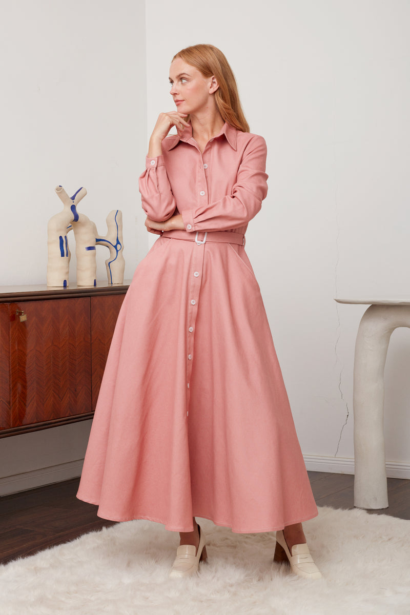 ESTI Pastel Pink Denim Midi Shirt Dress - Feminine and Playful Fashion