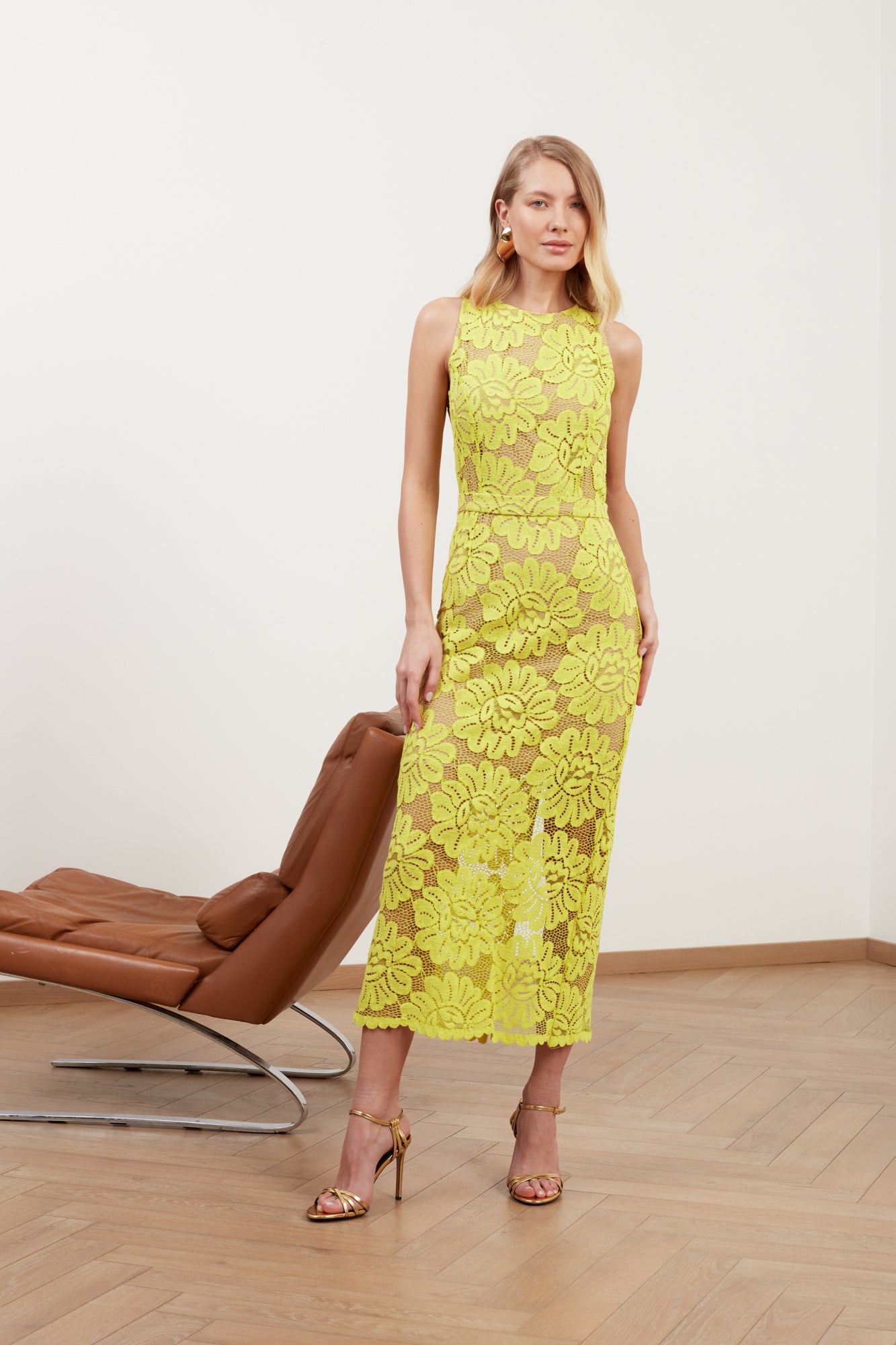 YEMA lime green lace midi dress with naked back