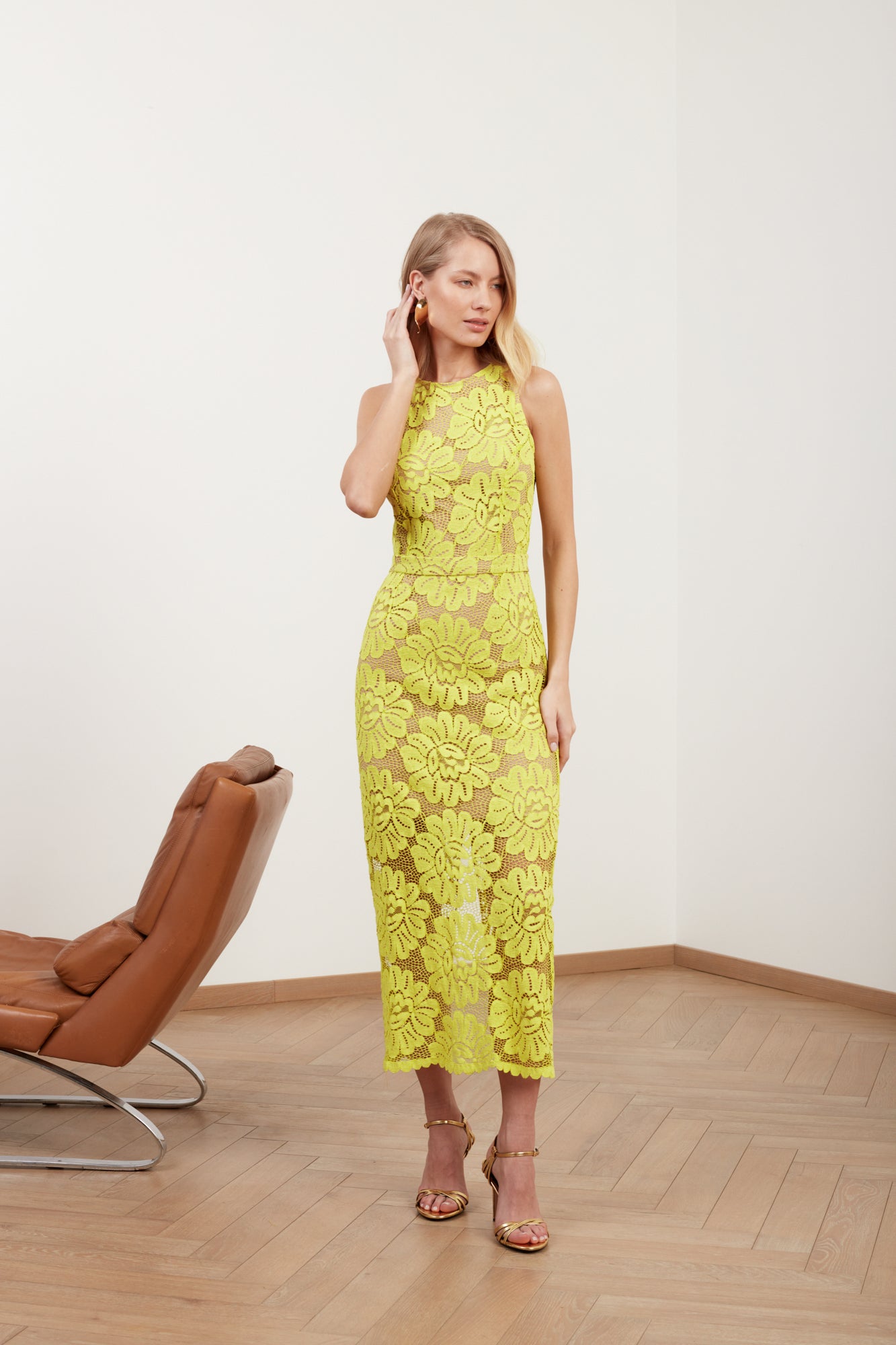 YEMA lime green lace midi dress with naked back