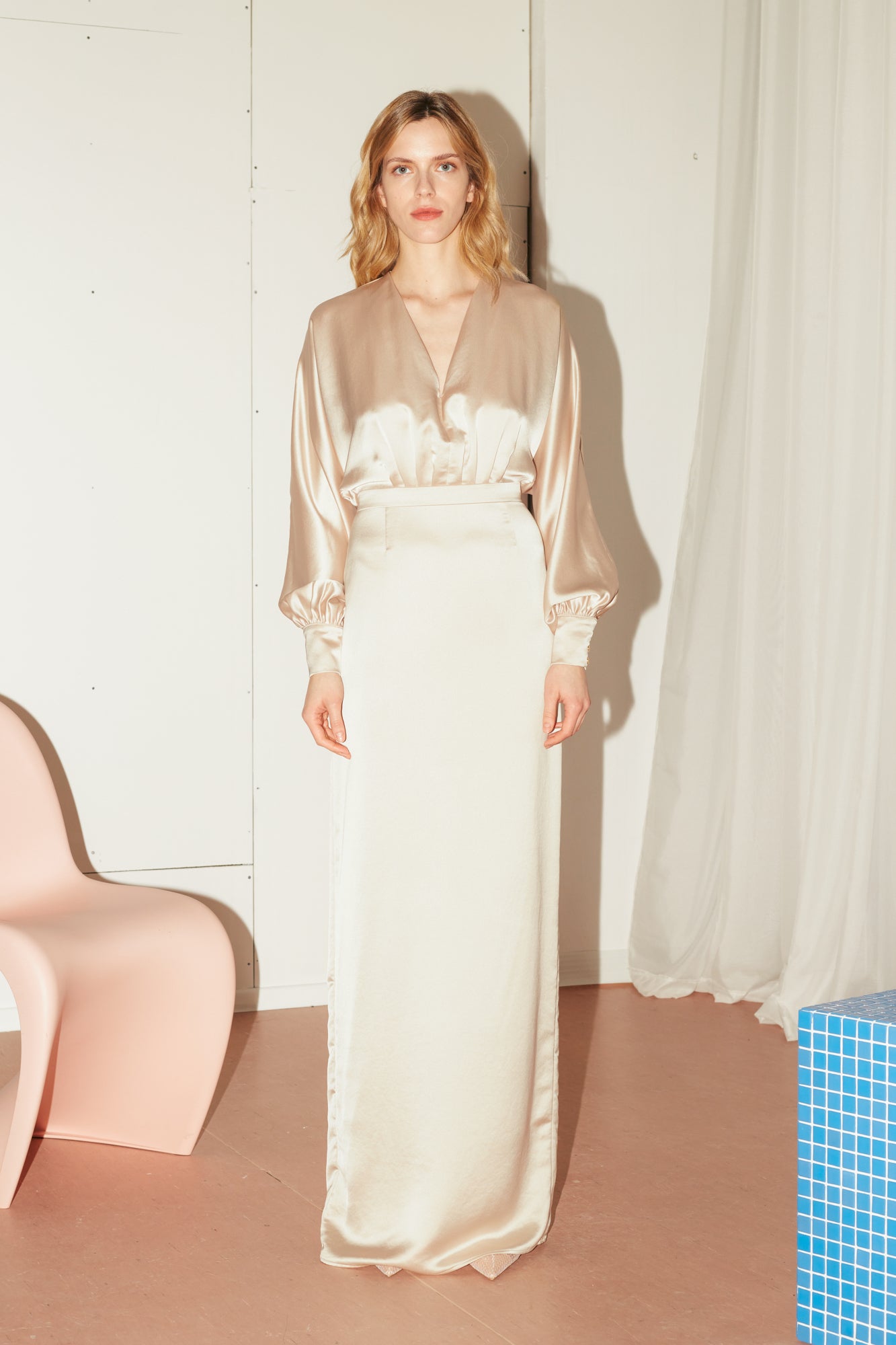 long beige dress with sleeves