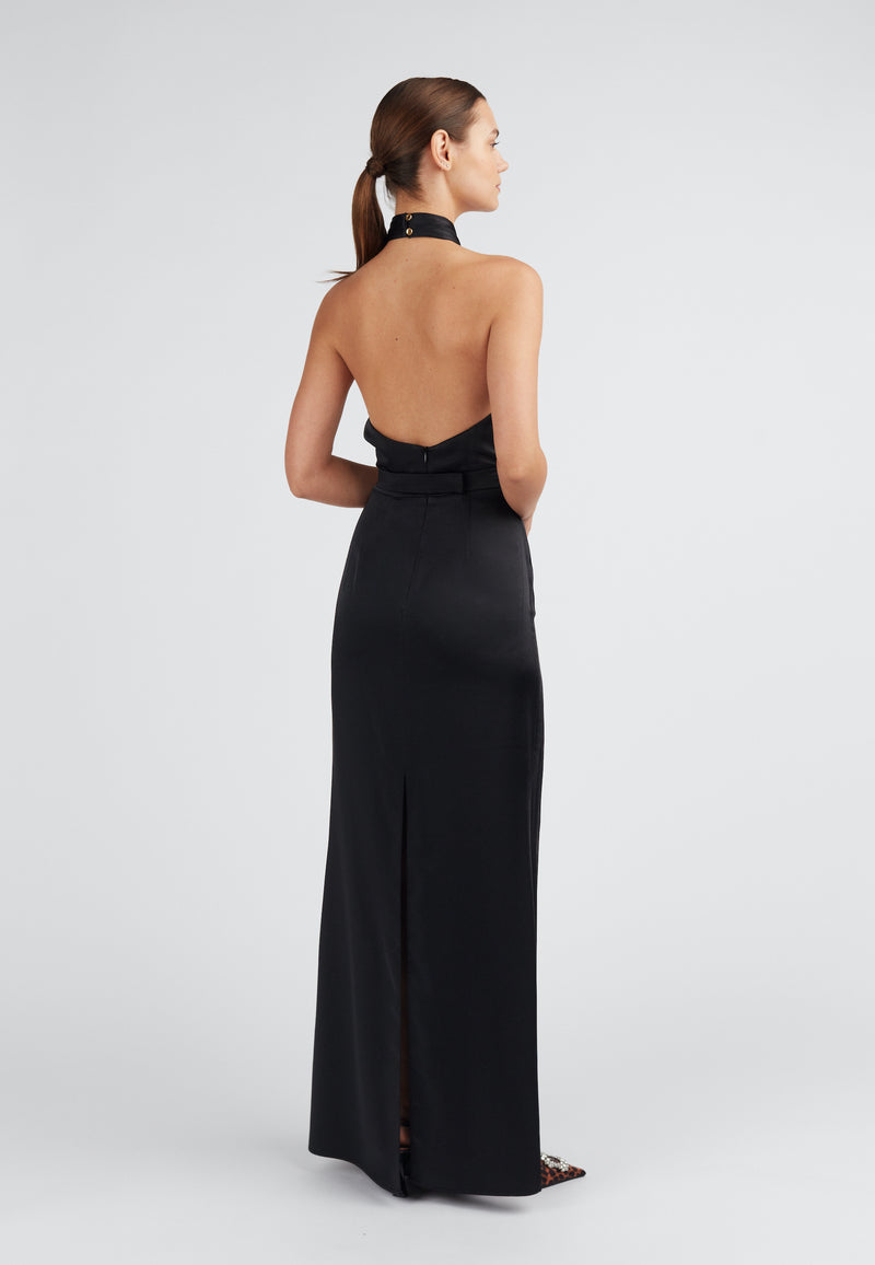 Black long open back dress